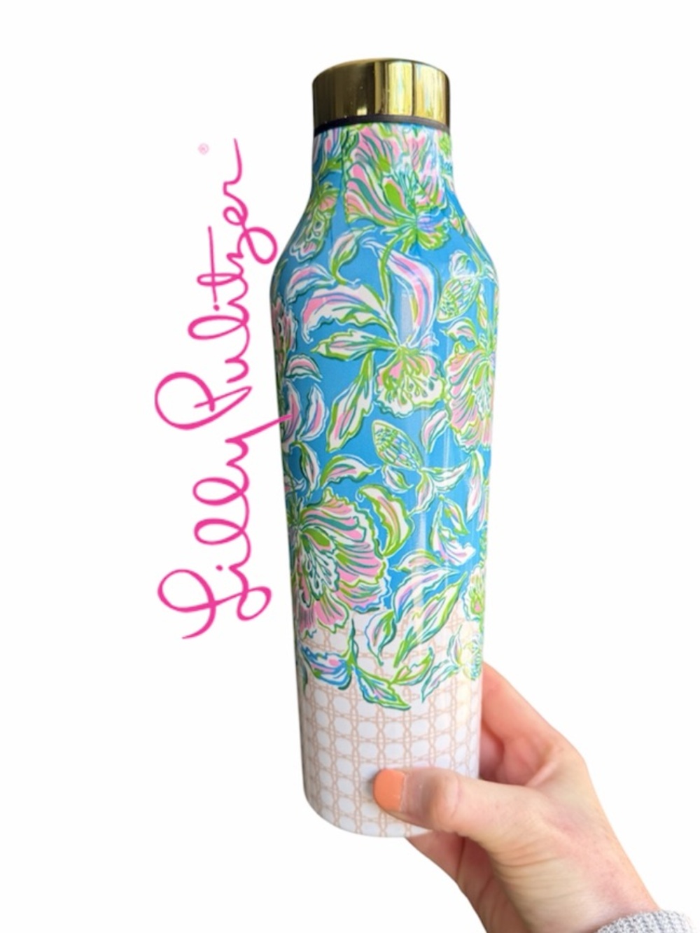 Lilly Pulitzer Chick Magnet Blue Floral Insulated Water Bottle with Gold Top EUC